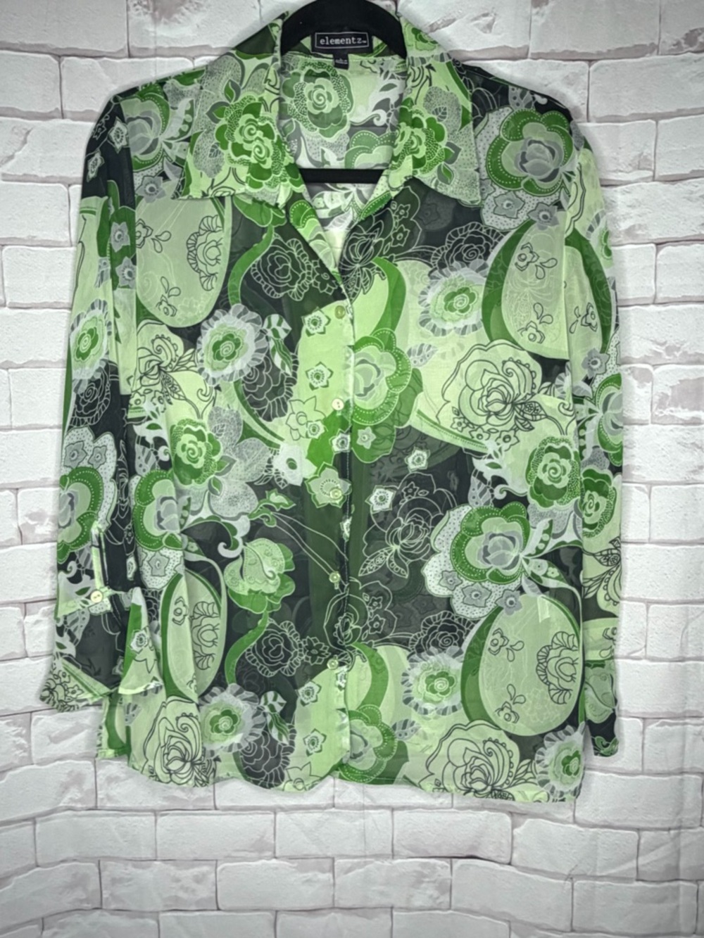 Elementz Sheer Floral Button Down Blouse Size L Green Black Retro Mod Boho